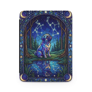 May include: A colorful illustration of a pug dog in a stained-glass style. The dog is sitting in front of a pond, with a forest and starry night sky in the background. The image has a celestial theme with moons and stars.