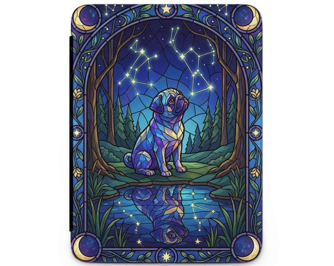 Stained Glass Pug Kindle Case, Constellation, Celestial, Cute Dog, Forest, Stars, Modern Kindle Cover, Unique Gift for Reader