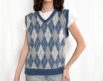 Vintage Sweater Vest / Mohair Sweater / 1960s Blue Argyle V