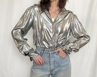 Vintage Futuristic Silver Lame Button Down