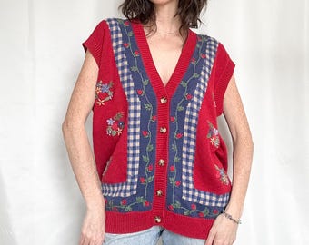 Vintage Red Checkered Floral Knit Vest