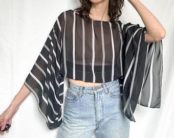 Vintage Y2K Black Striped Sheer Batwing Blouse
