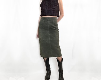 Vintage Olive Green Suede Leather Skirt
