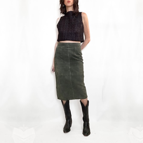 Vintage Olive Green Suede Leather Skirt