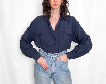 Vintage Navy Blue Silk Boxy Button Down