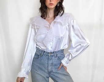 Vintage Pearl Satin Ruffle Collar Top