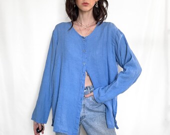 Vintage Blue Flax Linen Button Down