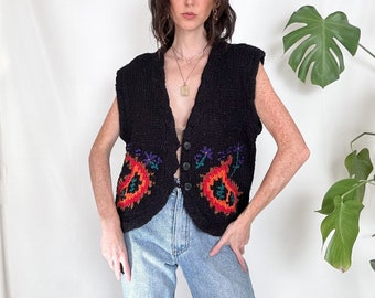Vintage 80s Black Paisley Sweater Vest