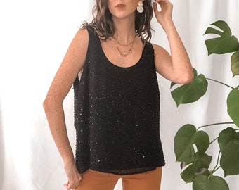 Vintage Black Silk Sequin Top