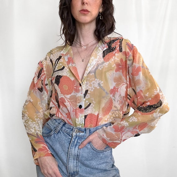 Y2K Sheer Floral Silk Button Down - image 7