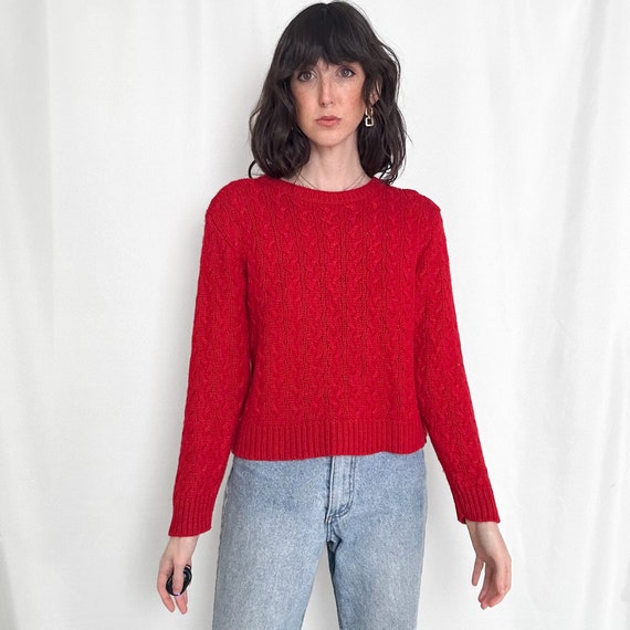 Vintage Cherry Red Cableknit Cropped Sweater - image 8