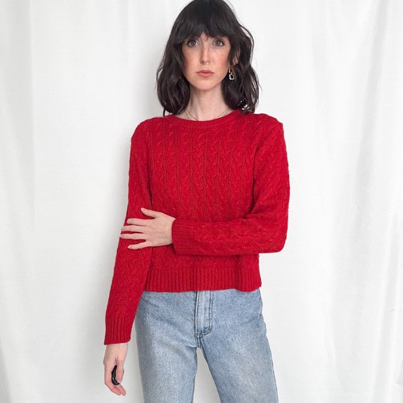 Vintage Cherry Red Cableknit Cropped Sweater - image 1