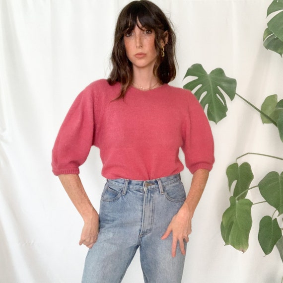 Vintage Fuzzy Pink Silk Puff Sleeve Knit Top - image 4