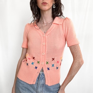 Vintage 70s Pink Knit Short Sleeve Cardigan zdjęcie 2