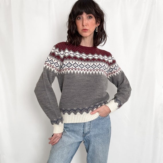 Vintage Fairisle Sweater For Women - Weatherproof Light Grey Pullover, Machine Wash