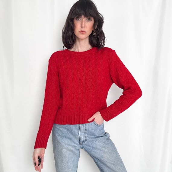 Vintage Cherry Red Cableknit Cropped Sweater - image 2