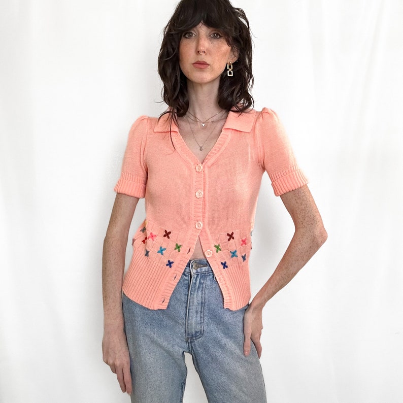 Vintage 70s Pink Knit Short Sleeve Cardigan zdjęcie 7