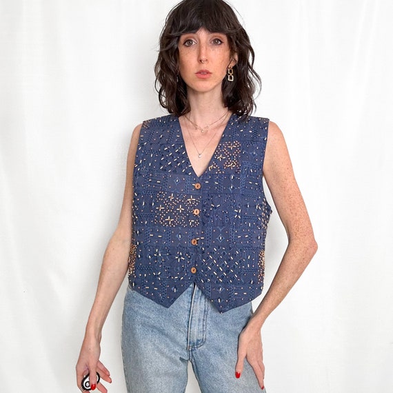 Vintage Blue Bohemian Beaded Vest Top - image 5