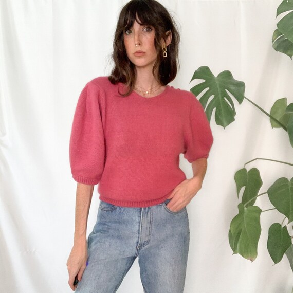 Vintage Fuzzy Pink Silk Puff Sleeve Knit Top - image 1