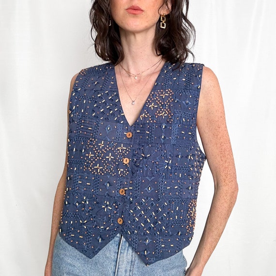 Vintage Blue Bohemian Beaded Vest Top - image 6