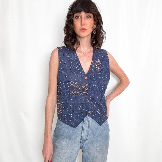 Vintage Blue Bohemian Beaded Vest Top - image 1