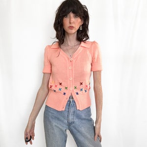 Vintage 70s Pink Knit Short Sleeve Cardigan zdjęcie 4