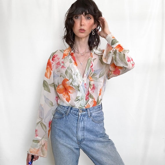 Vintage Sheer Floral Silk Button Down