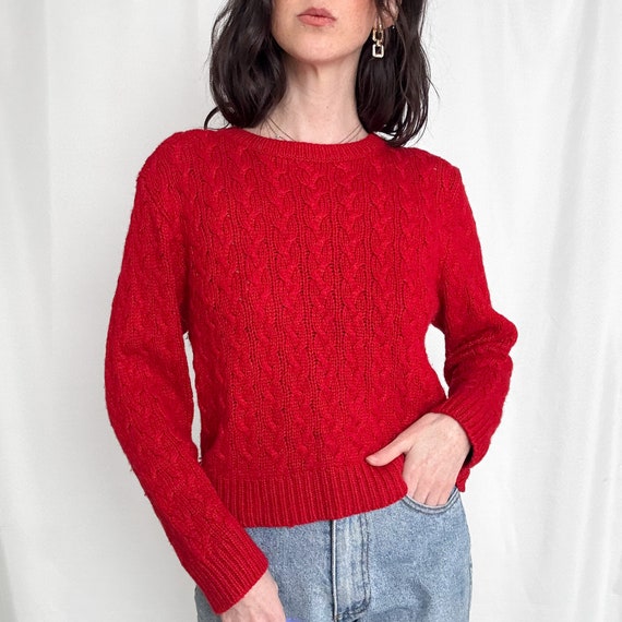 Vintage Cherry Red Cableknit Cropped Sweater - image 3