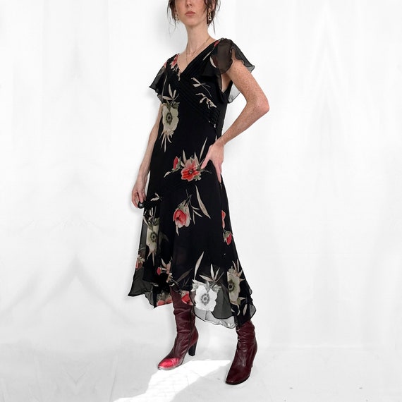 Vintage Black Floral Silk Dress - image 5