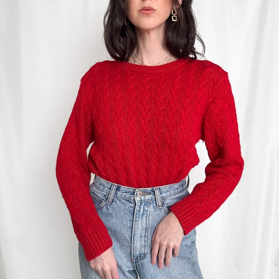 Vintage Cherry Red Cableknit Cropped Sweater - image 7