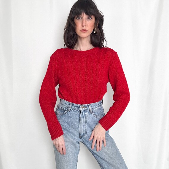 Vintage Cherry Red Cableknit Cropped Sweater - image 4