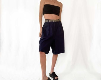 Vintage Navy Linen Blend Bermuda Shorts