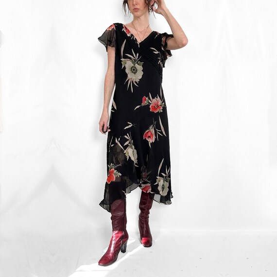 Vintage Black Floral Silk Dress - image 7