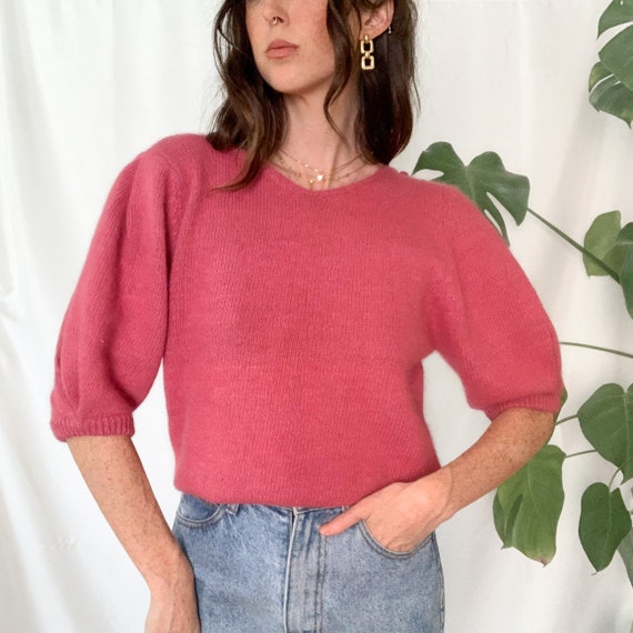 Vintage Fuzzy Pink Silk Puff Sleeve Knit Top - image 2