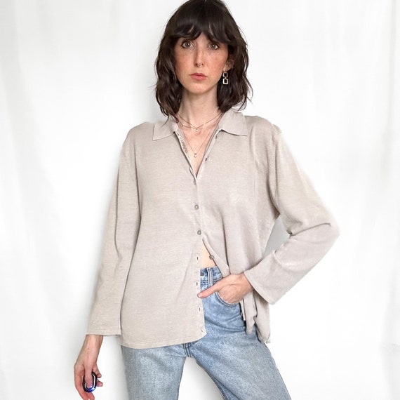 Vintage Taupe Silk Knit Button Down