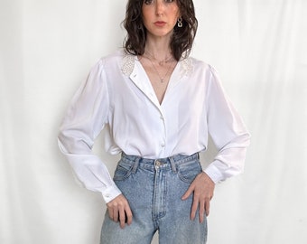 Vintage White Glam Pearl Collar Button Down