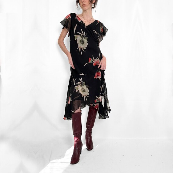 Vintage Black Floral Silk Dress - image 8