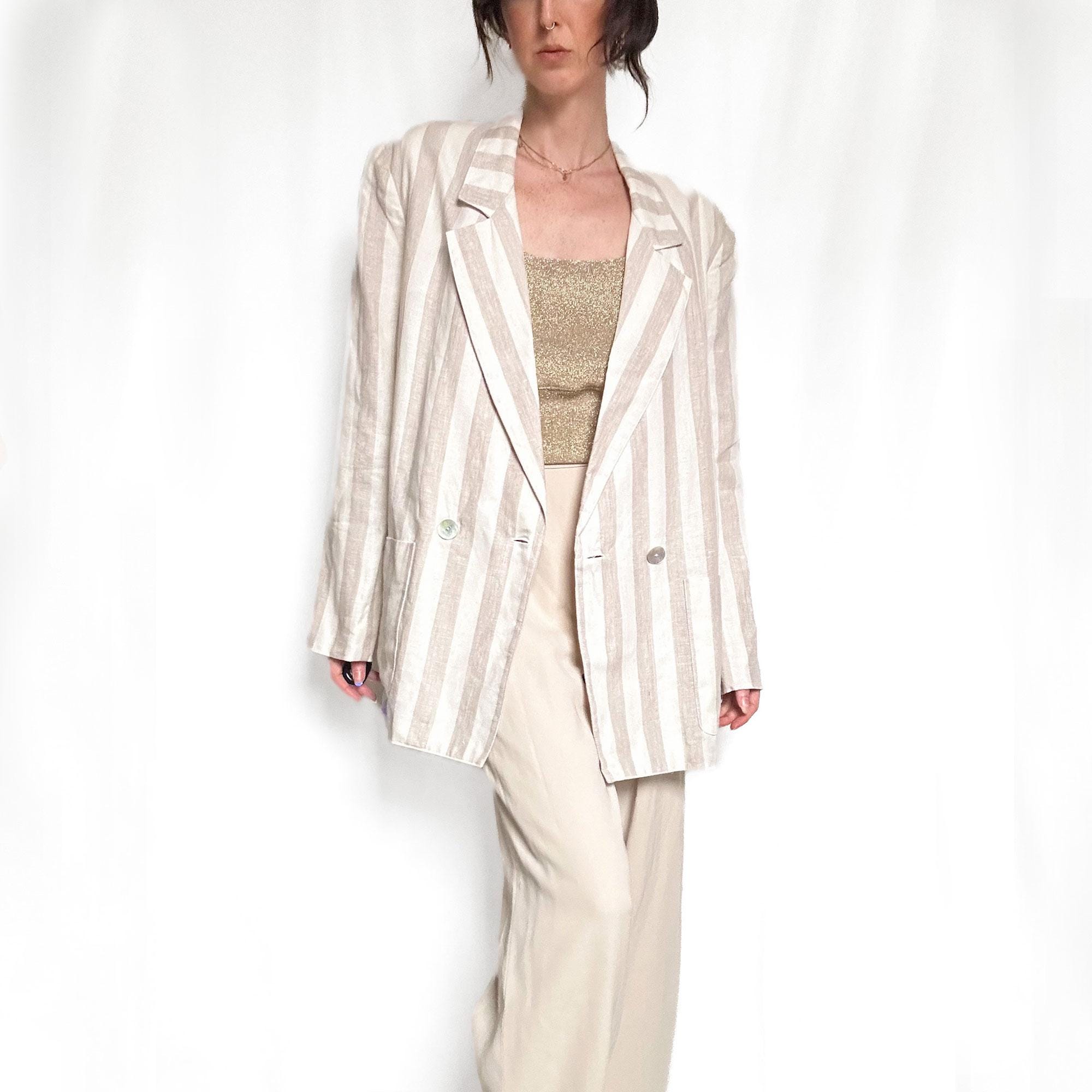 Linen&Cotton Oversized Striped Side Slit Double-Breasted Blazer