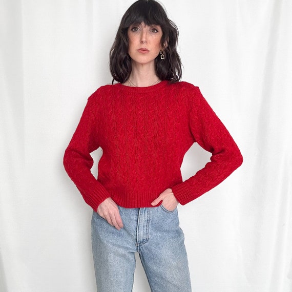 Vintage Cherry Red Cableknit Cropped Sweater - image 5