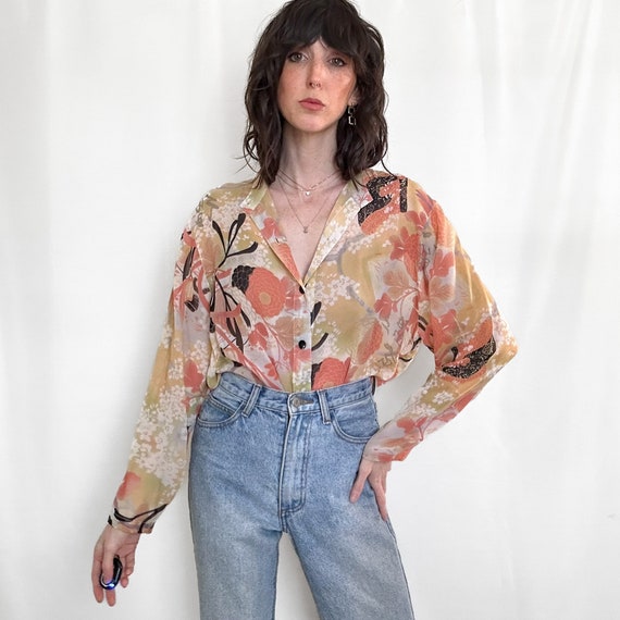 Y2K Sheer Floral Silk Button Down - image 3