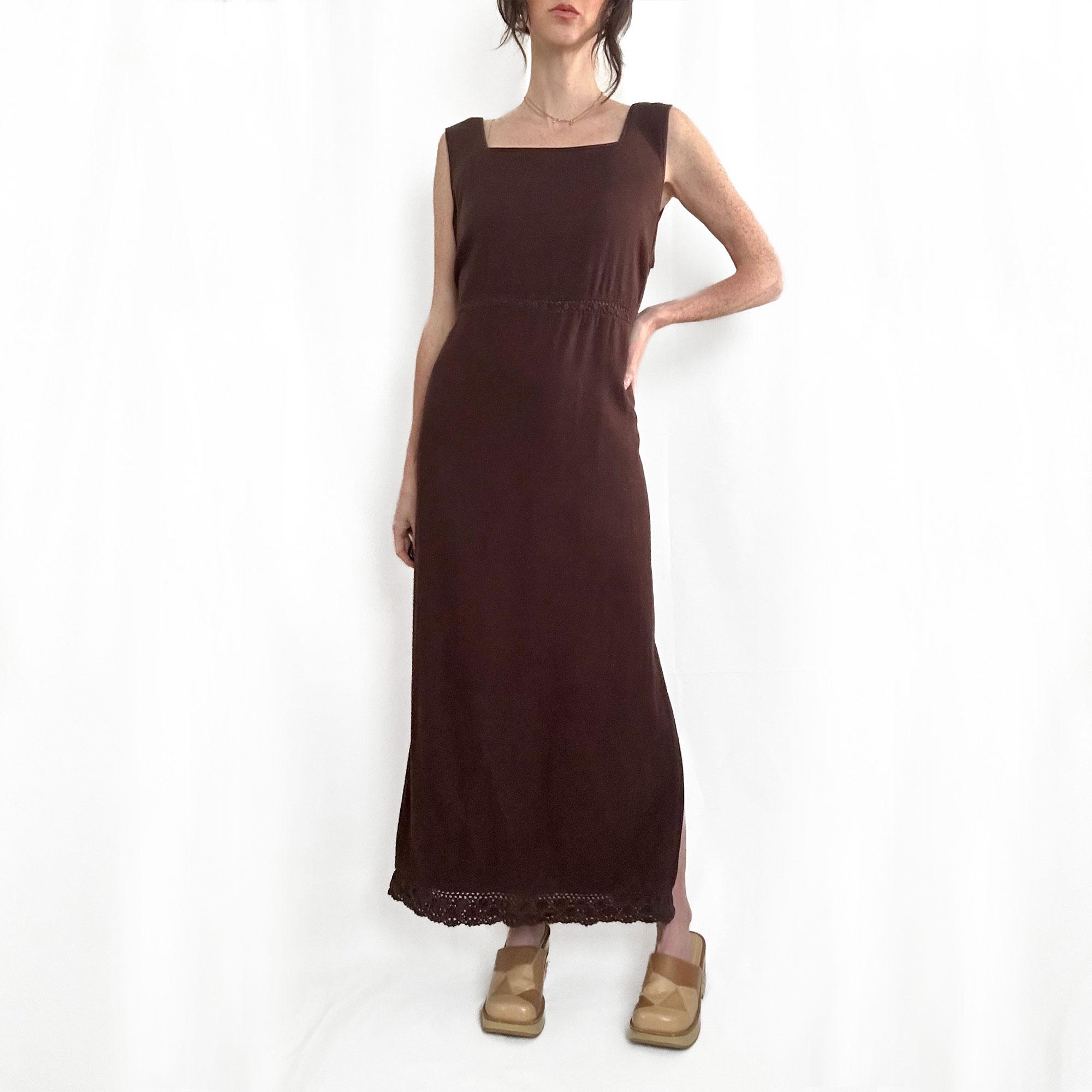 Vintage Espresso Brown Linen Maxi Dress