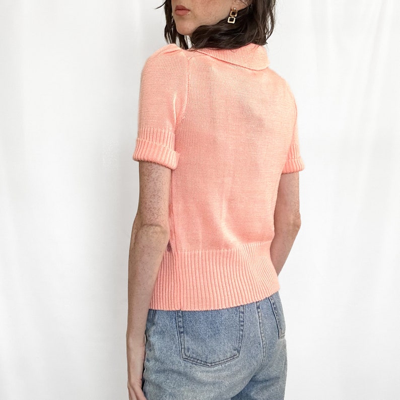 Vintage 70s Pink Knit Short Sleeve Cardigan zdjęcie 5