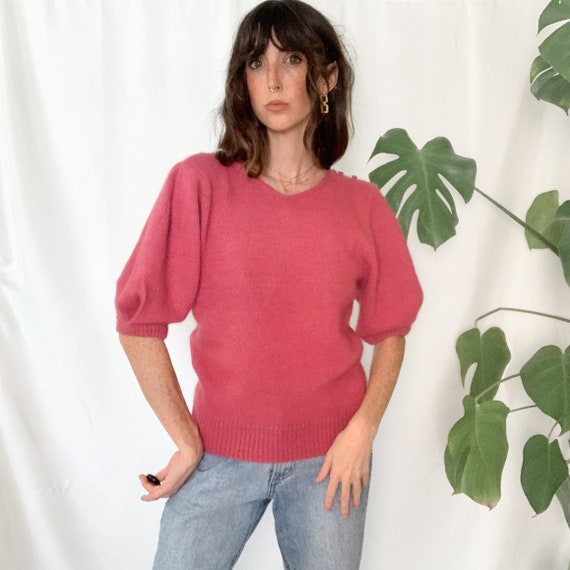 Vintage Fuzzy Pink Silk Puff Sleeve Knit Top - image 5