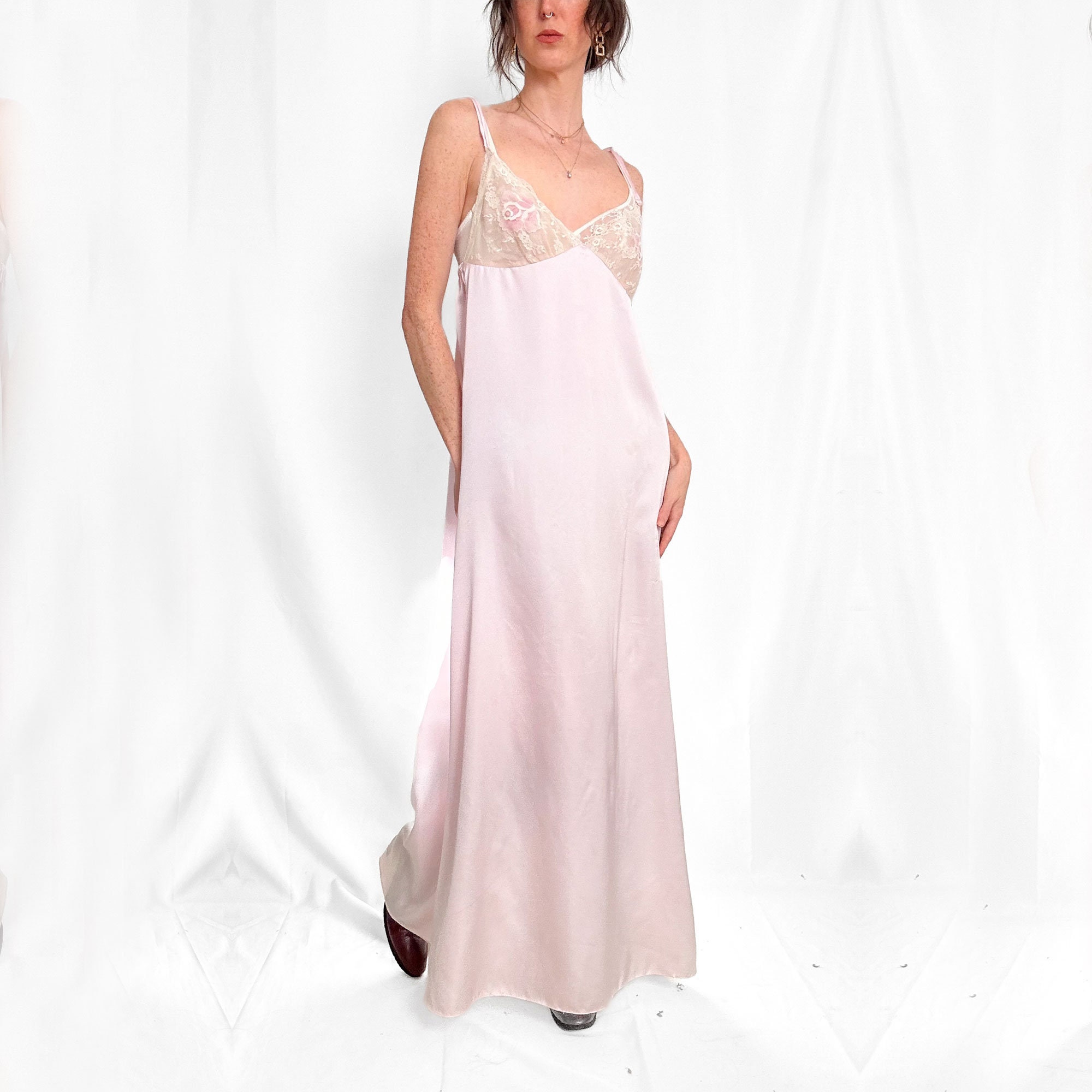 30’s Peach Silk Maxi Slip with Top Lace Trim by Satin Dasche