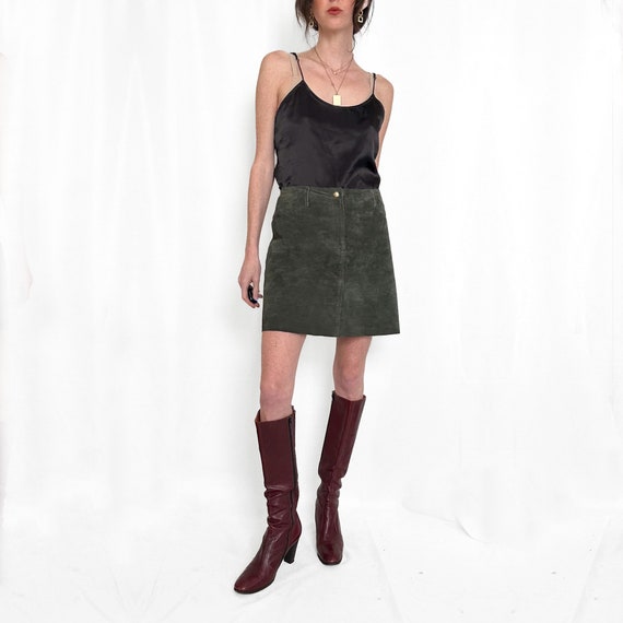 Olive Green Suede Leather Mini Skirt - image 3