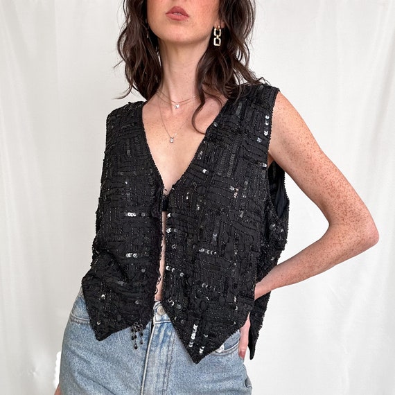 Vintage Black Sequin Swirl Disco Vest - image 6