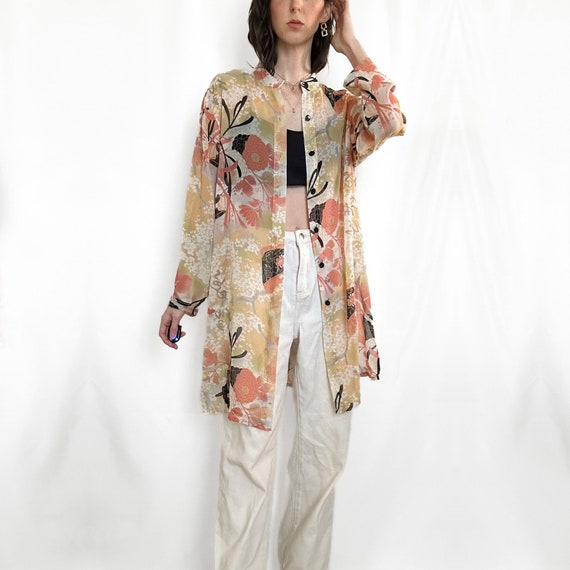 Y2K Sheer Floral Silk Button Down - image 6