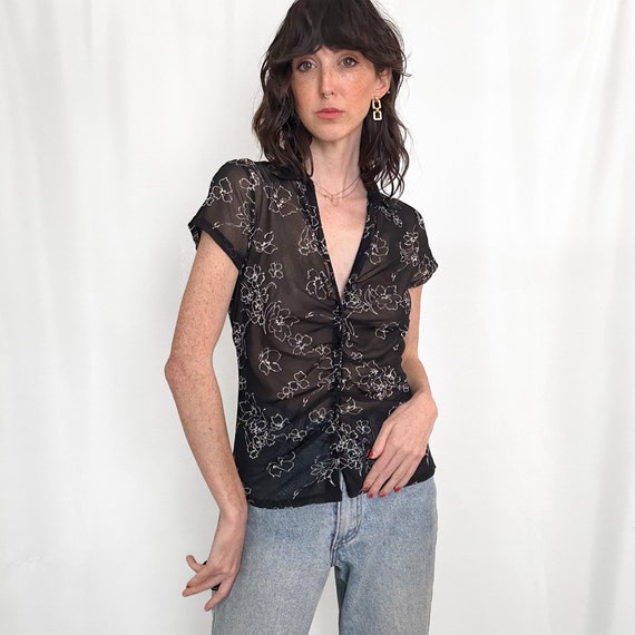 Black Sheer Floral Button Down