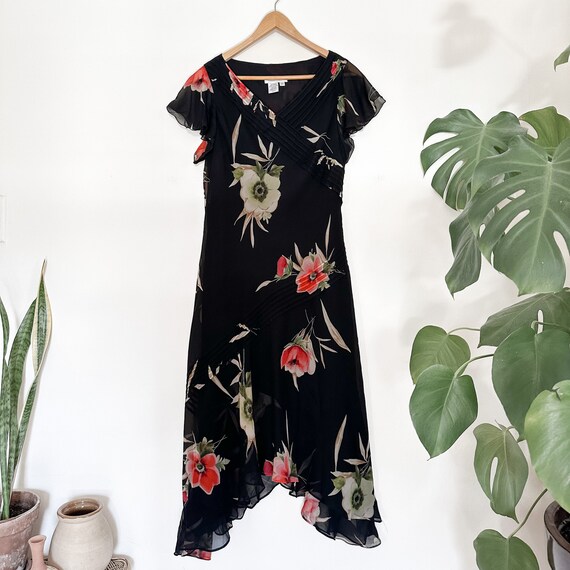 Vintage Black Floral Silk Dress - image 3