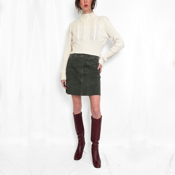 Olive Green Suede Leather Mini Skirt - image 2